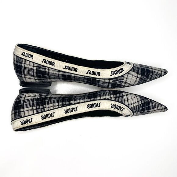 Dior J'Adior Tartan Print Wool Pointed Flats Logo Ribbon Trim EU 39 US 9 Black - Picture 5 of 11